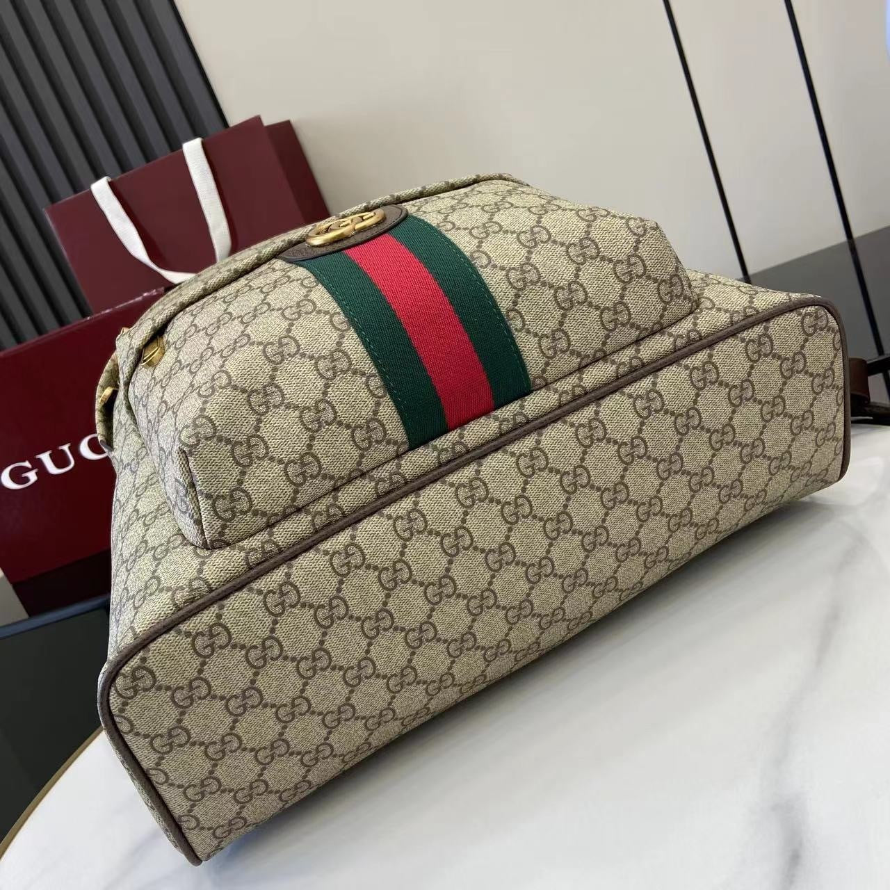 Gucci Beige Ebony GG Supreme Canvas Backpack With Web Stripe And Gold Tone Double G 834466