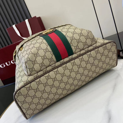 Gucci Beige Ebony GG Supreme Canvas Backpack With Web Stripe And Gold Tone Double G 834466