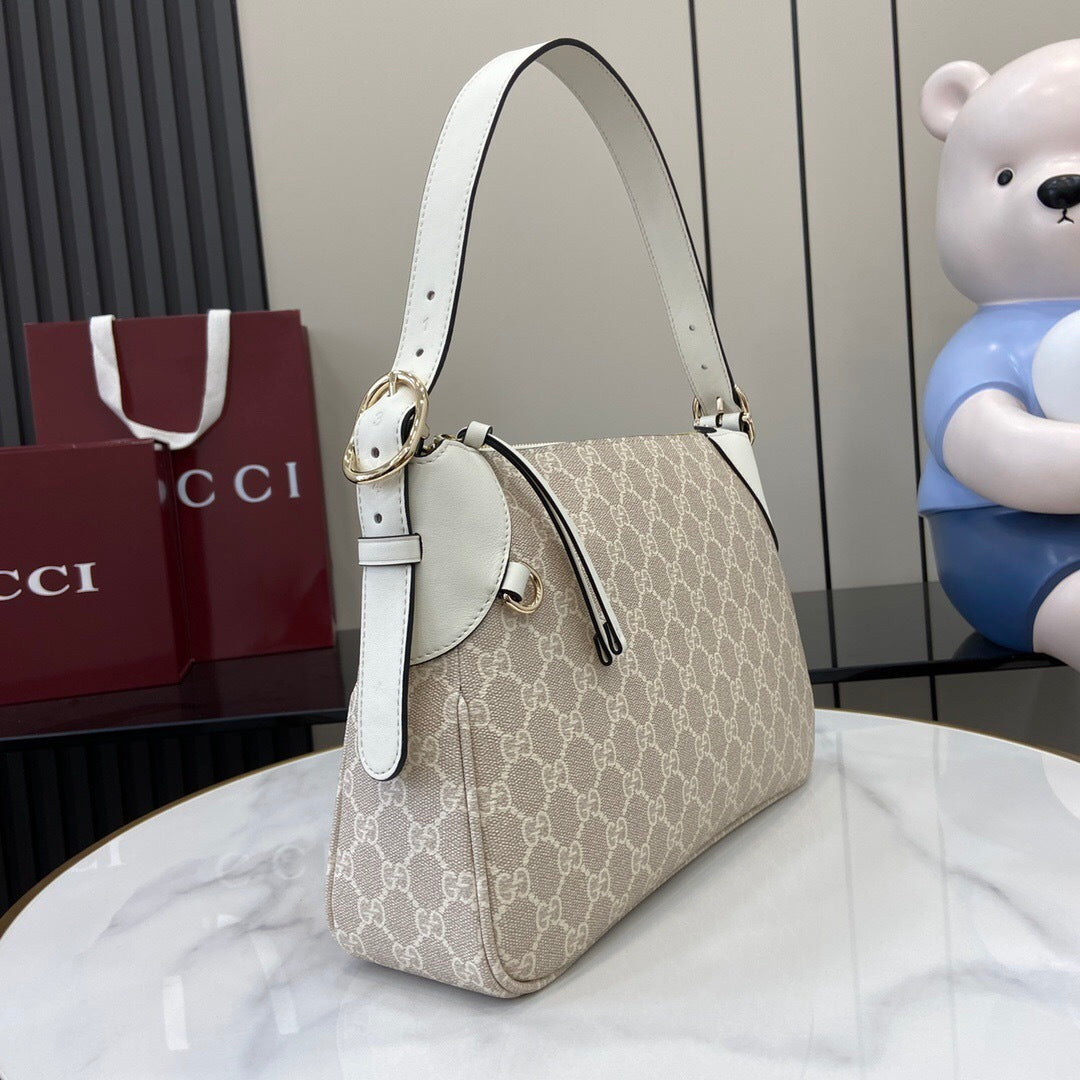 Gucci Beige and White GG Supreme Canvas Shoulder Bag with Leather Accents 815216