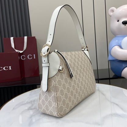 Gucci Beige and White GG Supreme Canvas Shoulder Bag with Leather Accents 815216