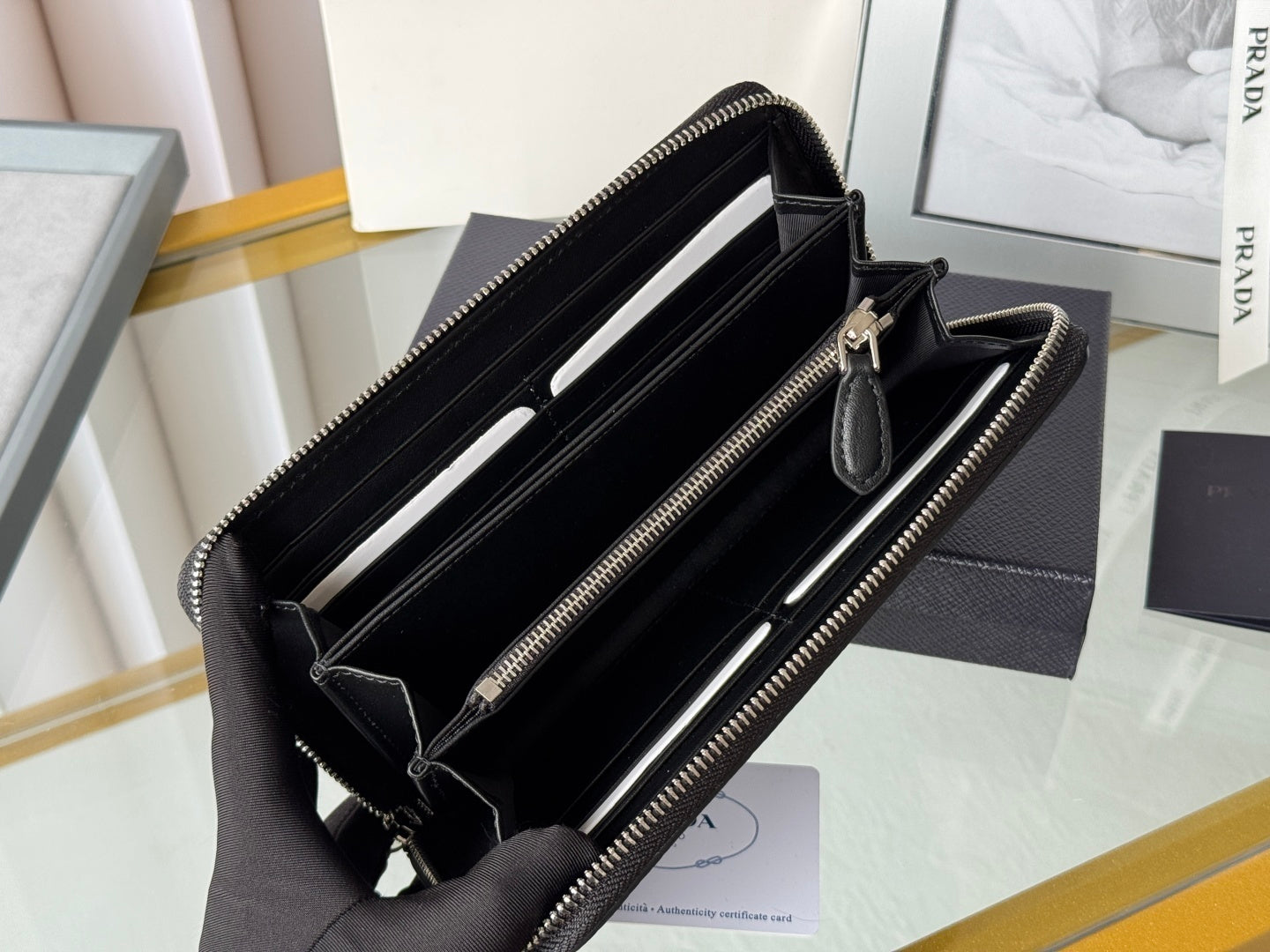 Prada Black Grained Leather Zip - Around Wallet With Gold Logo 1ML506
