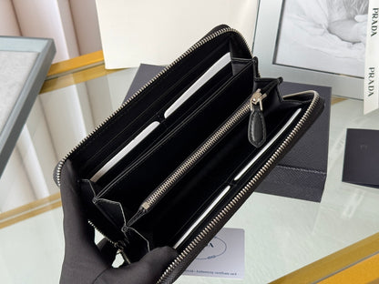 Prada Black Grained Leather Zip - Around Wallet With Gold Logo 1ML506
