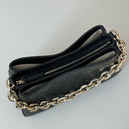 Gucci Black Embossed GG Leather Shoulder Bag with Chunky Gold - Tone Chain Strap 815263