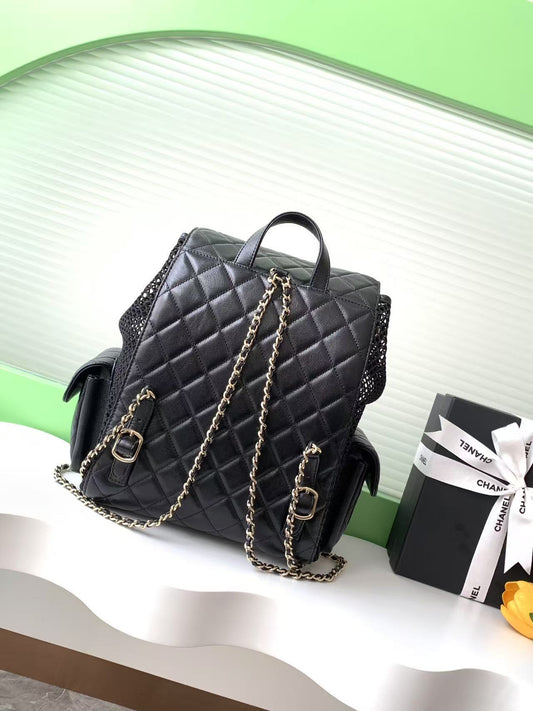 Chanel Black/White Quilted Leather Backpack With Mesh Panels And Gold Tone Chain Details AS5492