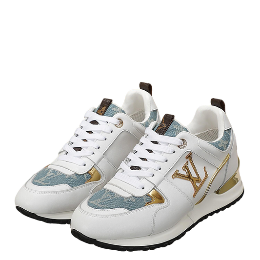 Louis Vuitton Women's White Sneakers With Blue Patterns And Gold Accents