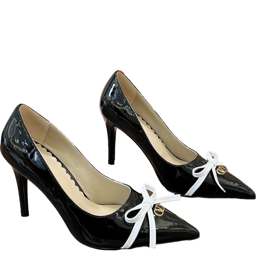 Valentino Women's Pointed Toe Bow High Heels Luxury Patent Leather Pumps
