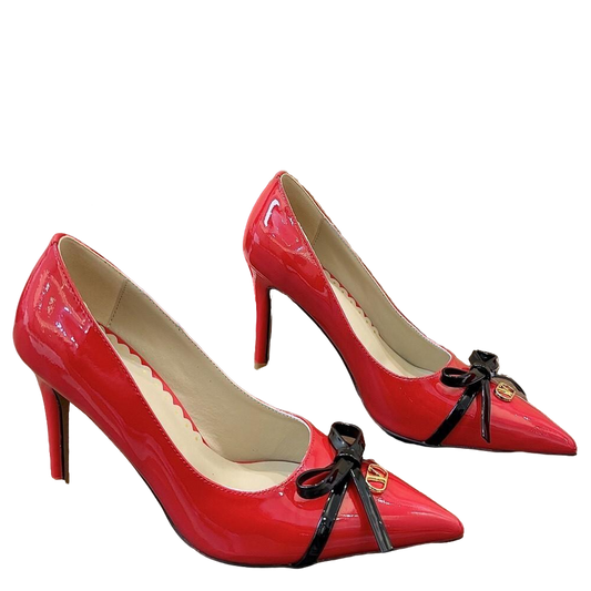 Valentino Women's Pointed Toe Bow High Heels Luxury Patent Leather Pumps