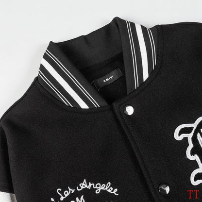 Amiri Black And White Varsity Jacket With Embroidered Graphics