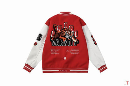 Amiri Red Varsity Jacket With Tiger And Embroidered Patches