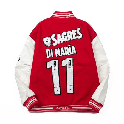 Amiri Red Varsity Jacket With Colorful Patches And Emirates Slogan