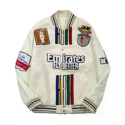 Amiri Red Varsity Jacket With Colorful Patches And Emirates Slogan