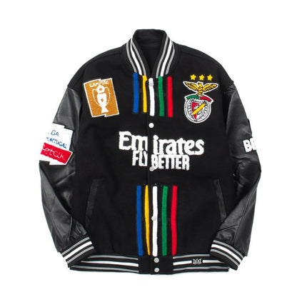 Amiri Red Varsity Jacket With Colorful Patches And Emirates Slogan