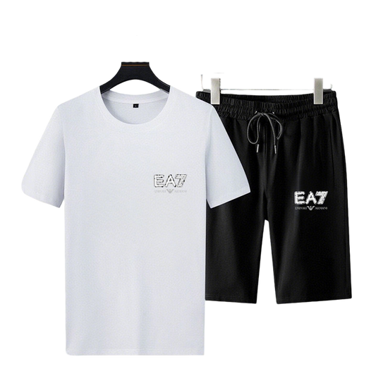 Emporio Armani EA7 Men's White T - Shirt And Black Shorts Set