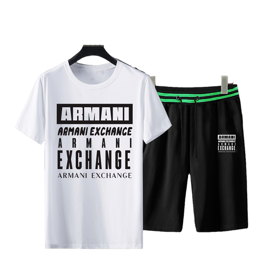Armani Exchange Men's White T - Shirt And Black Shorts Set With Branding