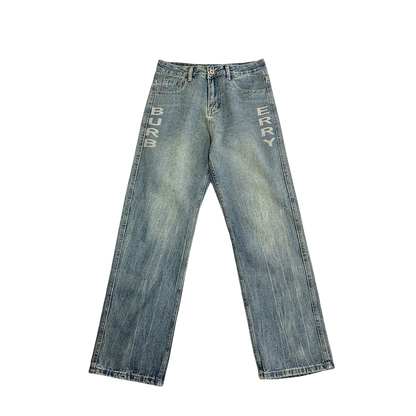 Burberry Men's Light Blue Denim Jeans With Brand Lettering