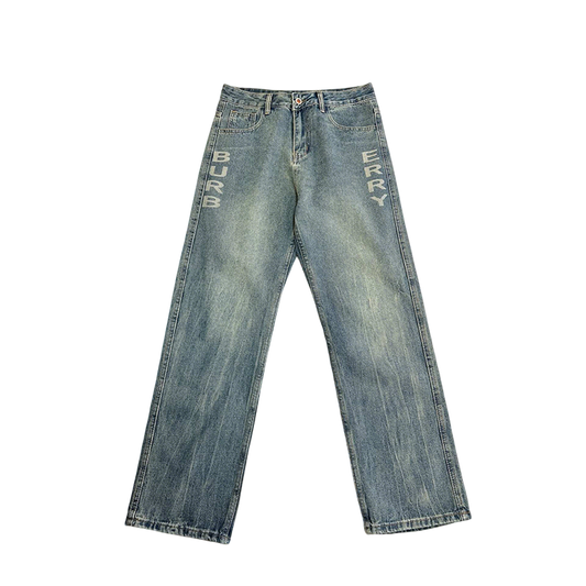 Burberry Men's Light Blue Denim Jeans With Brand Lettering