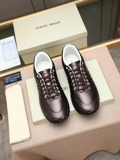 Emporio Armani Brown Leather Low - Top Sneakers With Textured Stripes