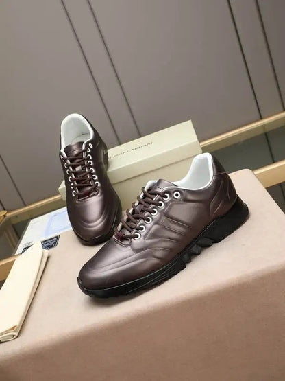 Emporio Armani Brown Leather Low - Top Sneakers With Textured Stripes