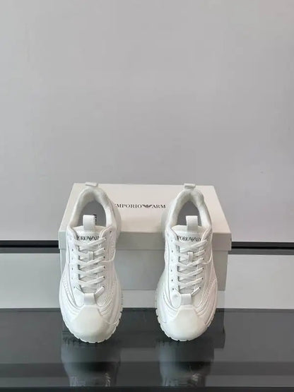Emporio Armani White Chunky Platform Leather Sneakers with Perforated Detailing