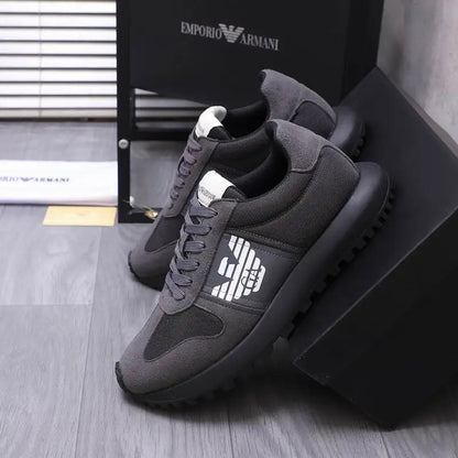 Emporio Armani Grey Mesh And Suede Athletic Sneakers With Logo