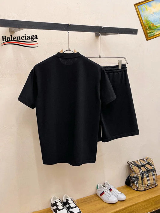 Balenciaga Black T shirt And Shorts Set With Orange Logo
