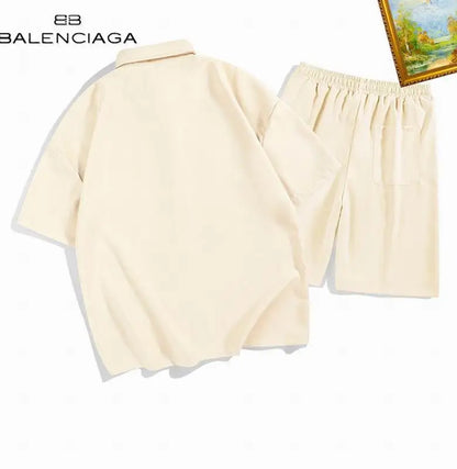 Balenciaga Beige Short Sleeve Shirt And Shorts Set With Logo