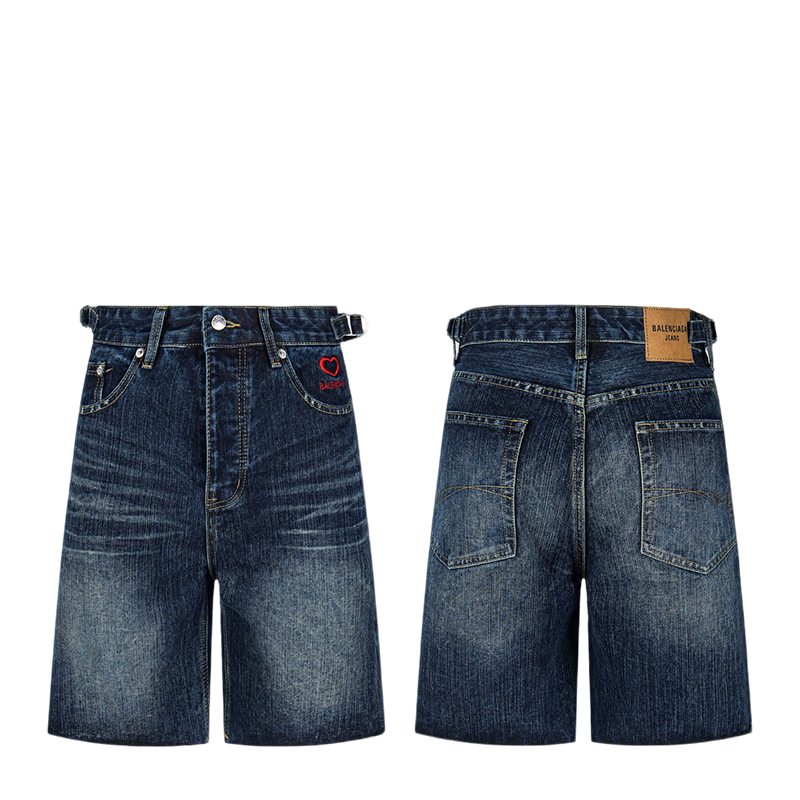 Balenciaga Blue Denim Shorts With Red Heart Embroidery And Belt