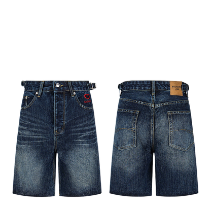 Balenciaga Blue Denim Shorts With Red Heart Embroidery And Belt