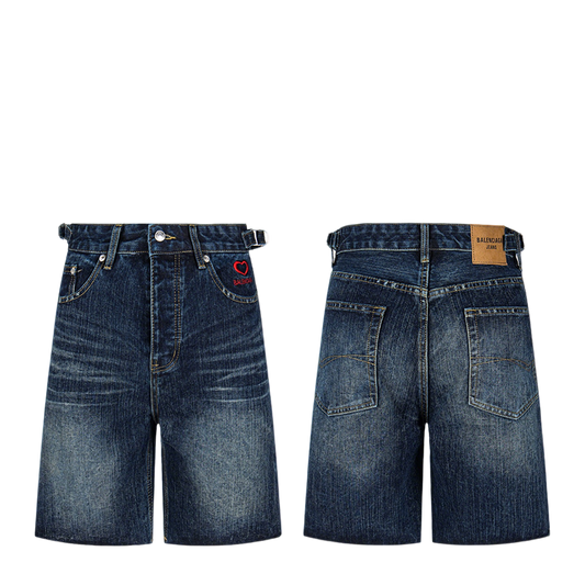 Balenciaga Blue Denim Shorts With Red Heart Embroidery And Belt