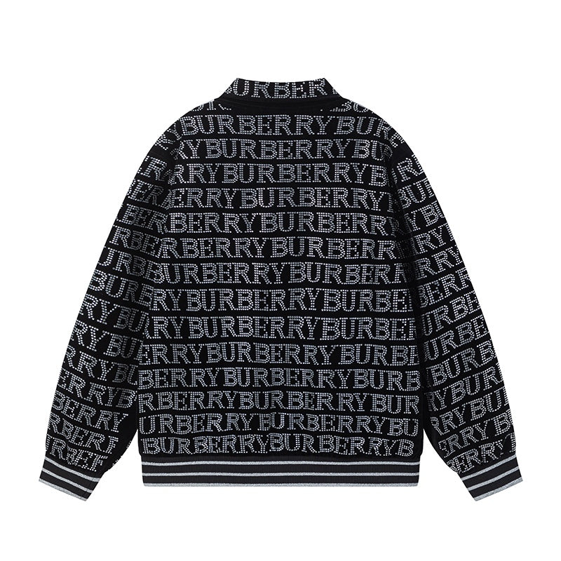 Burberry Patterned Black Bomber Jacket with Rhinestone Logo Design