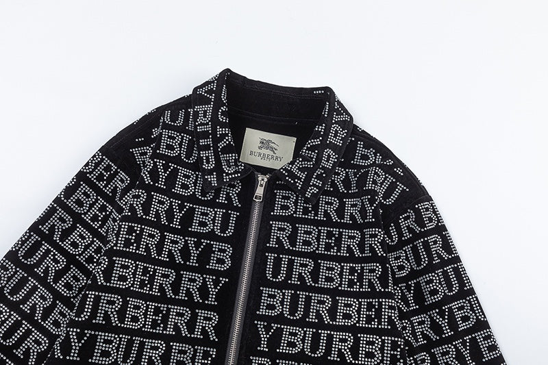 Burberry Patterned Black Bomber Jacket with Rhinestone Logo Design
