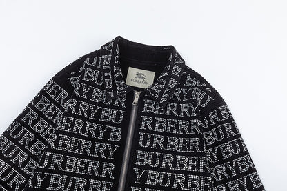 Burberry Patterned Black Bomber Jacket with Rhinestone Logo Design