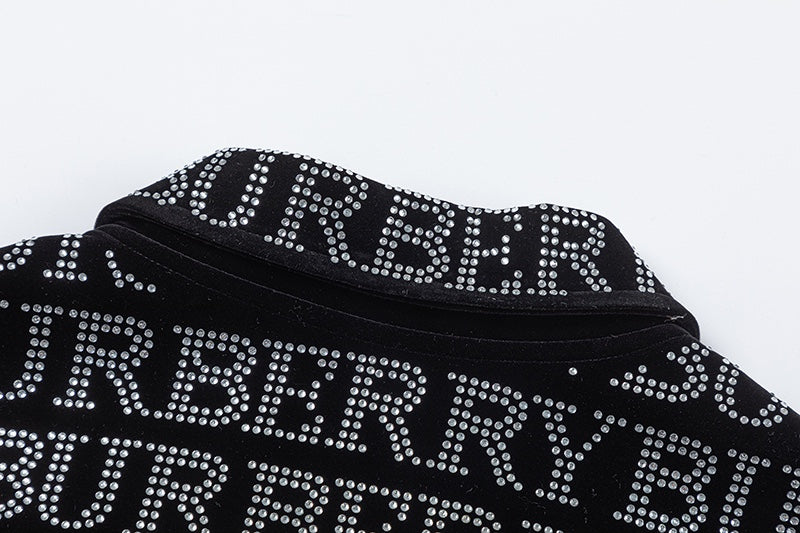 Burberry Patterned Black Bomber Jacket with Rhinestone Logo Design
