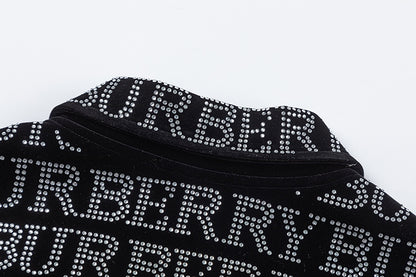 Burberry Patterned Black Bomber Jacket with Rhinestone Logo Design