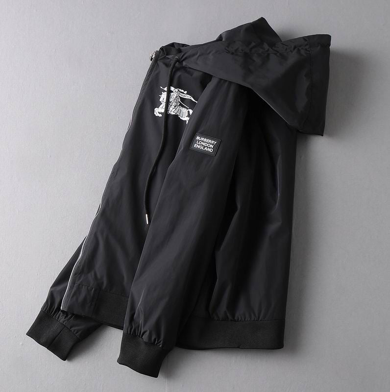 Burberry - Inspired Black Hooded Jacket with Equestrian Knight Emblem