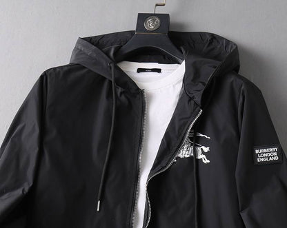 Burberry - Inspired Black Hooded Jacket with Equestrian Knight Emblem