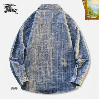 Burberry - Inspired Blue Textured Denim Shirt Jacket with Badge