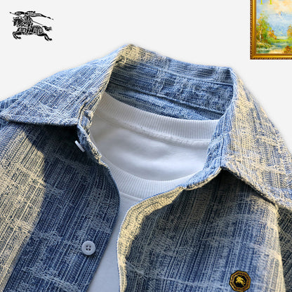 Burberry - Inspired Blue Textured Denim Shirt Jacket with Badge