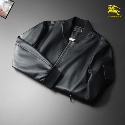 Burberry - Style Black Leather Bomber Jacket with Checkered Lining