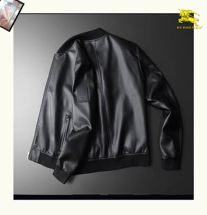 Burberry - Style Black Leather Bomber Jacket with Checkered Lining