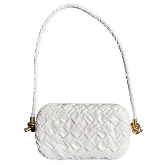 Bottega Veneta White Woven Leather Shoulder Bag With Braided Strap And Gold Hardware BV717623