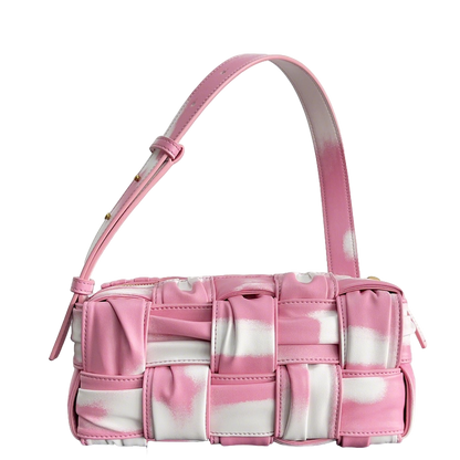 Bottega Veneta Pink And White Tie Dye Woven Leather Shoulder Bag For Trendy Fashionistas BV73622