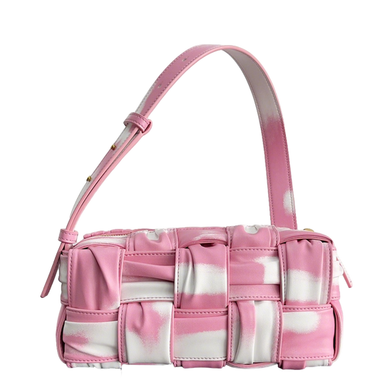 Bottega Veneta Pink And White Tie Dye Woven Leather Shoulder Bag For Trendy Fashionistas BV73622