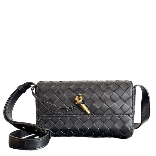 Bottega Veneta Woven Leather Crossbody Bag With Gold Lock Fashion Statement Piece Style No.755545
