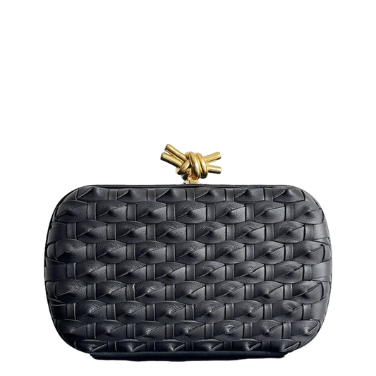 Exquisite Bottega Veneta Woven Leather Clutch With Gold Knot Accent For Luxury Occasions BV717622