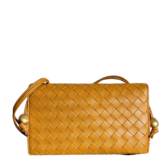 Bottega Veneta Intrecciato Woven Leather Crossbody Bag in Warm Mustard Tone with Gold Accents BV717435