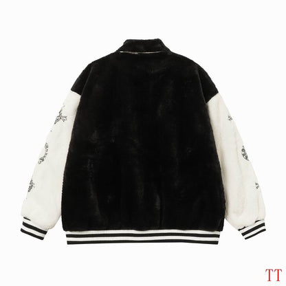 Chrome Hearts Inspired Faux Fur Varsity Jacket with Embroidered Details