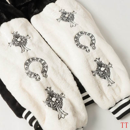 Chrome Hearts Inspired Faux Fur Varsity Jacket with Embroidered Details