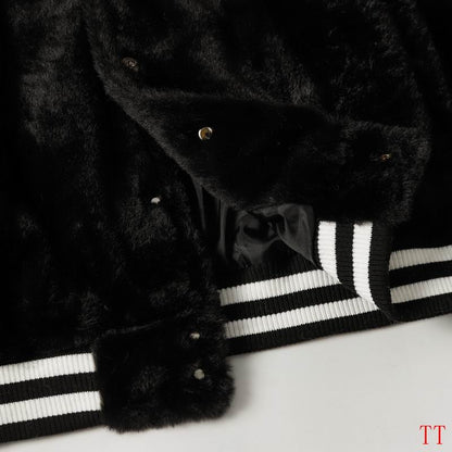 Chrome Hearts Inspired Faux Fur Varsity Jacket with Embroidered Details