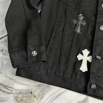 Chrome Hearts Inspired White Denim Jacket With Cross Patches